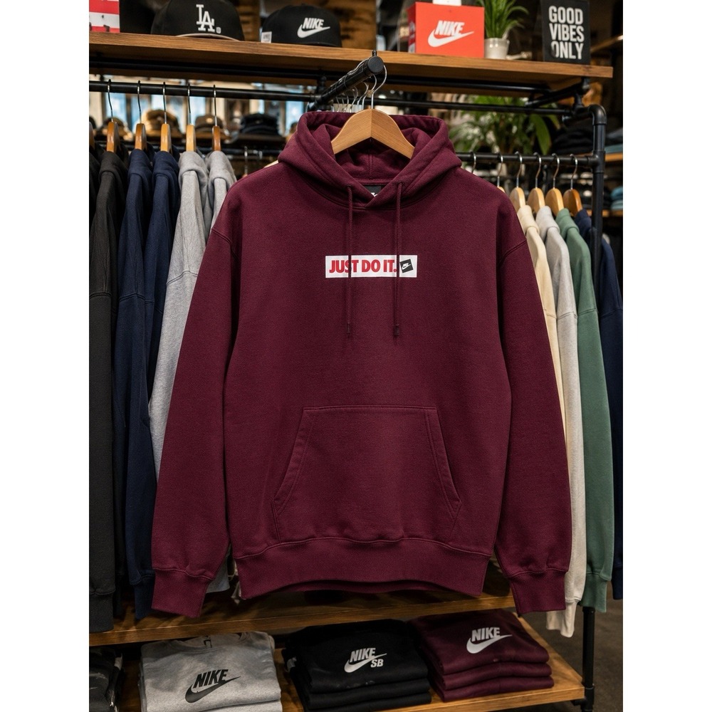 Nike Just Do It Burgundy Pullover Hoodie Men Large Fleece Sweatshirt Logo Sports - Picture 3 of 12